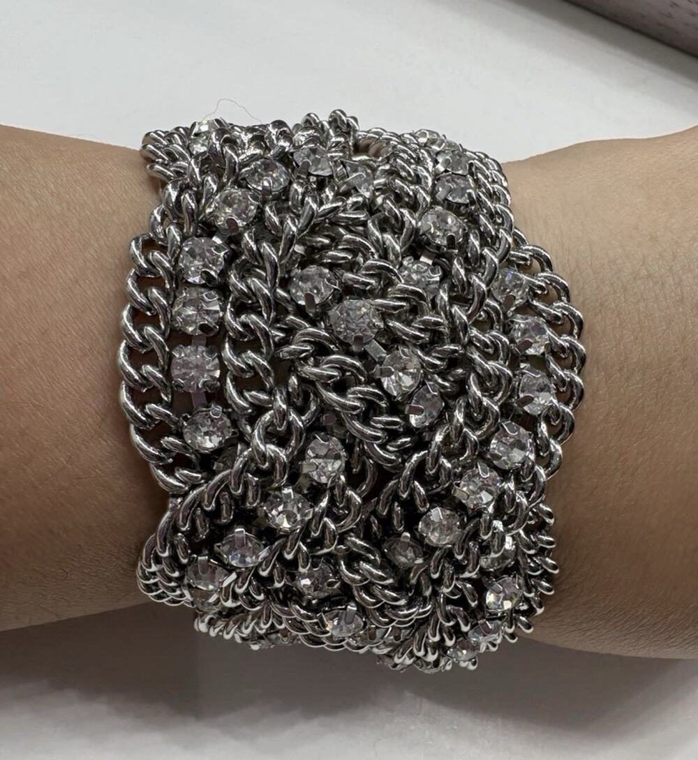 Stella & Dot Bracelet Petra Woven Chain Silver Tone Rhinestones 8” Reversible